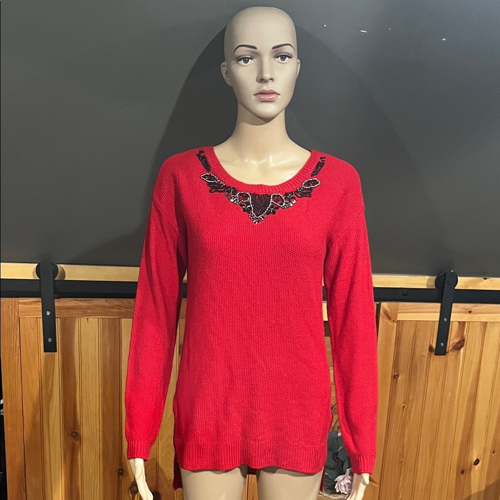 Nicole by Nicole Miller Red Sweater with Beaded Embellishment